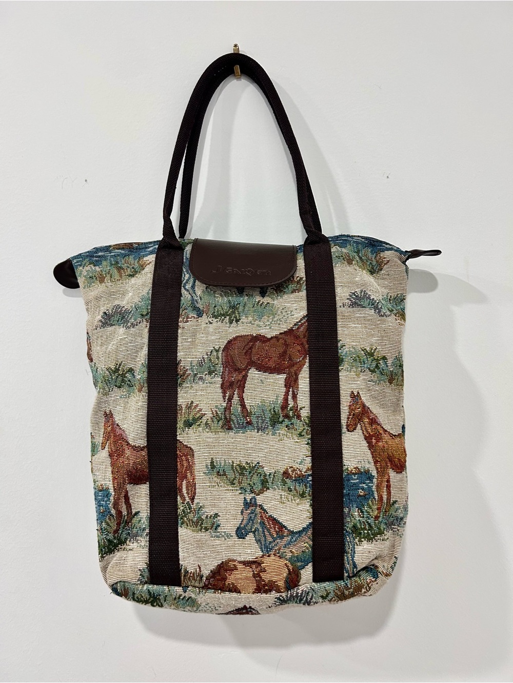 Horse Tapestry Tote with Brown Trim by J Garden